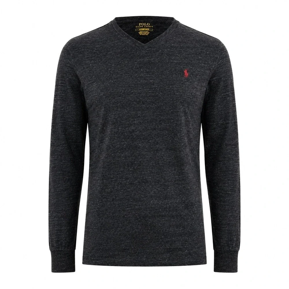 Polo Ralph Lauren Long Sleeve T-Shirt Mens Charcoal Large V-Neck Heathered Pony - Picture 1 of 9